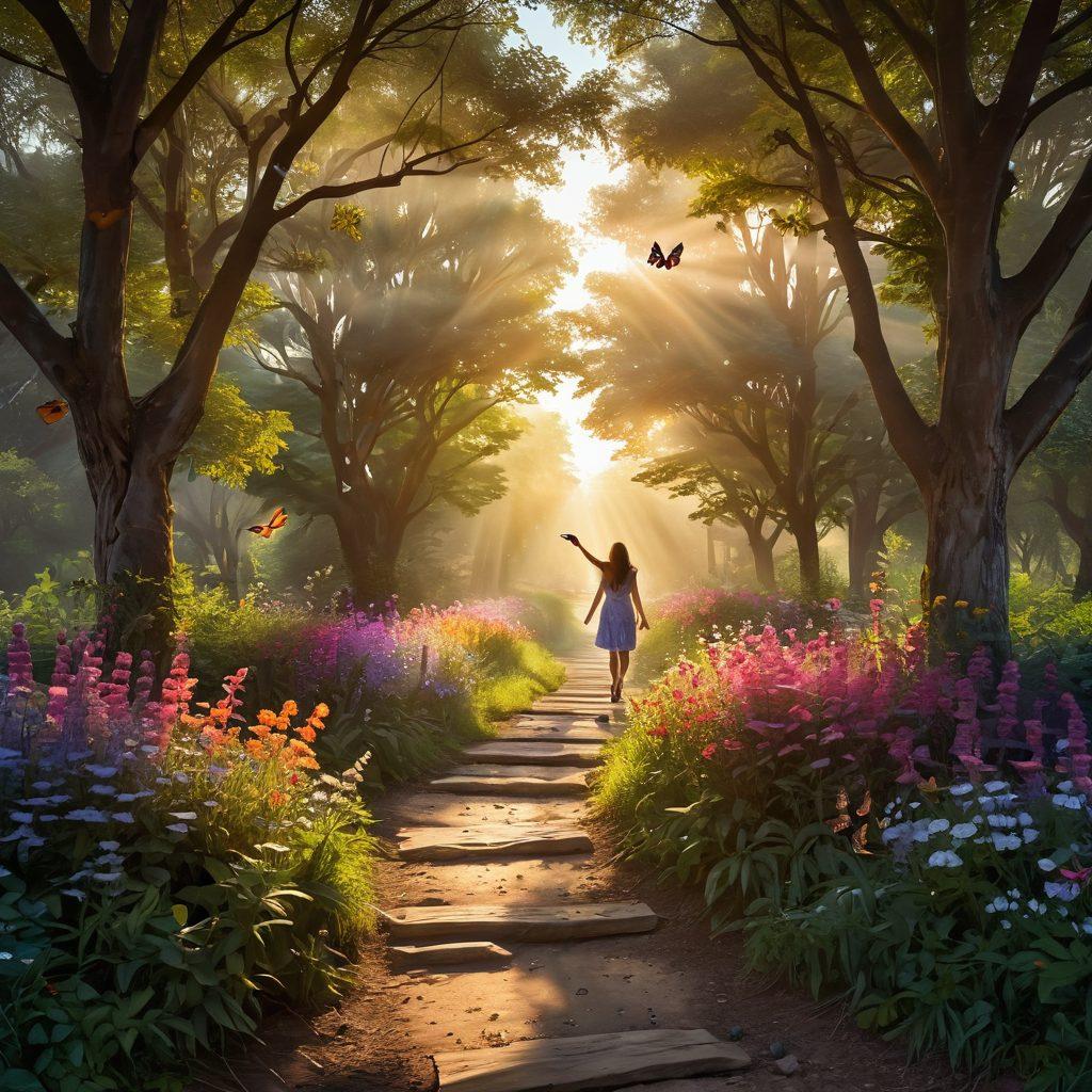 A serene pathway shaded by lush trees leading to a radiant sunrise, symbolizing the journey to happiness. Along the path, delicate flowers bloom, radiating colorful energy, while whimsical butterflies flutter above. In the distance, a silhouette of a person stands with arms wide open, embracing life’s beauty. Soft, ethereal light enhances the tranquil atmosphere. vibrant colors. super-realistic.