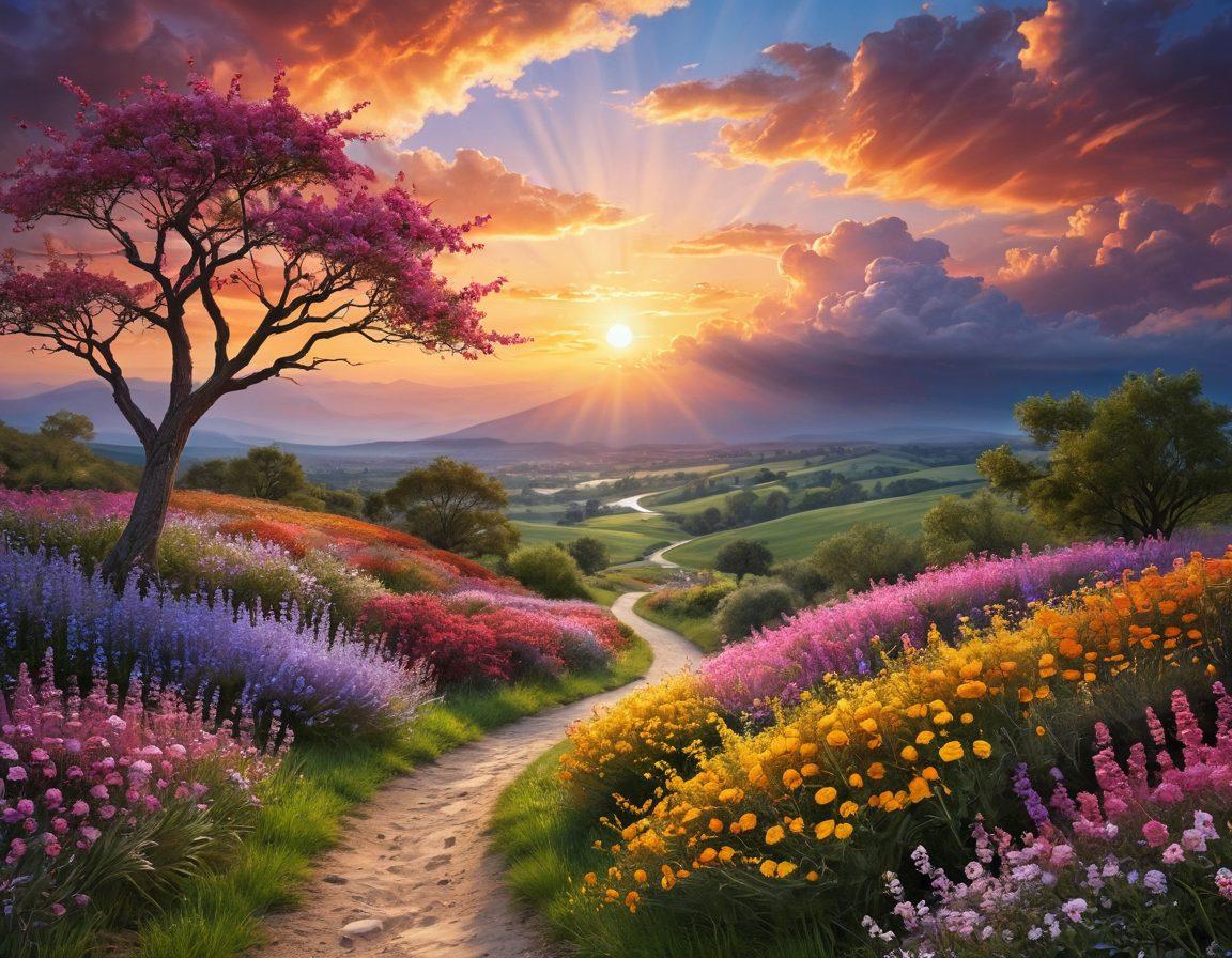A serene landscape transitioning from a calm sunrise to a vibrant sunset, symbolizing the journey from contentment to euphoria. Include a winding path through blossoming flowers leading to a joyful crowd celebrating at the horizon. Soft, uplifting colors blending harmoniously to evoke happiness and tranquility. Incorporate light rays breaking through clouds, creating a magical atmosphere. super-realistic. vibrant colors. 3D.