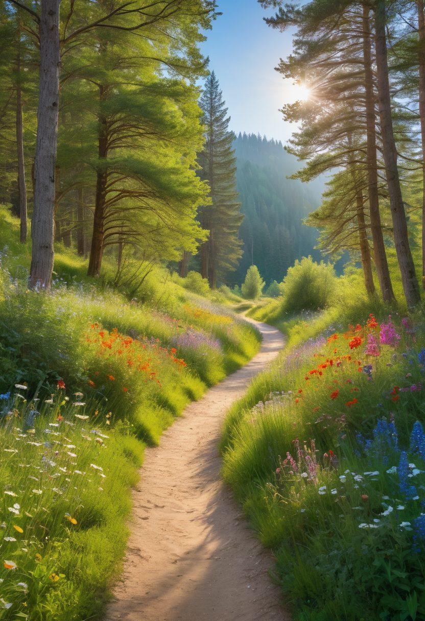A vibrant, sunlit path winding through a lush, green forest, leading to a bright, open meadow filled with colorful wildflowers and a clear blue sky. In the foreground, a diverse group of people, joyfully laughing and sharing moments together, embodying the essence of joy and connection. Magical, glimmering sparkles float in the air, representing extraordinary experiences. super-realistic. vibrant colors. white background.